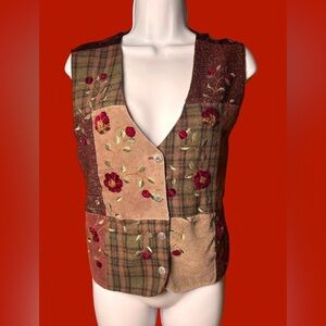 Vintage 90’s Tan Zara multi-colored patchwork vest with embroidered flowers